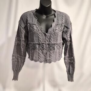 Aster Gray‎ Pointelle Cable Knit Cropped Cardigan Sweater Small Whimsigoth